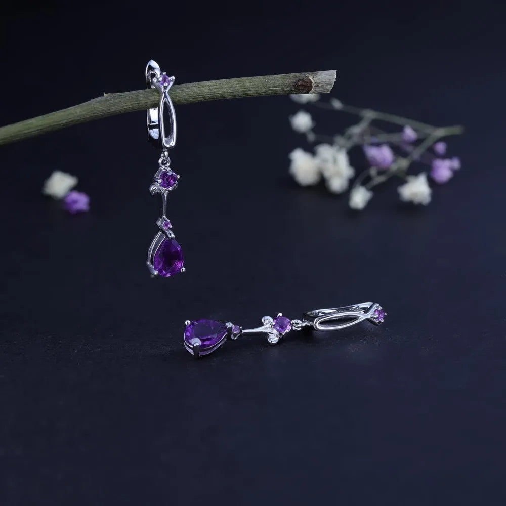 Vintage Purple Amethyst Drop Earrings - 925 Sterling Silver Flower Design by Choosen Jewelry