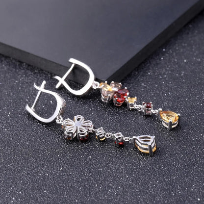 Sterling Silver Flower Drop Earrings with Garnet & Citrine - Choosen Jewelry