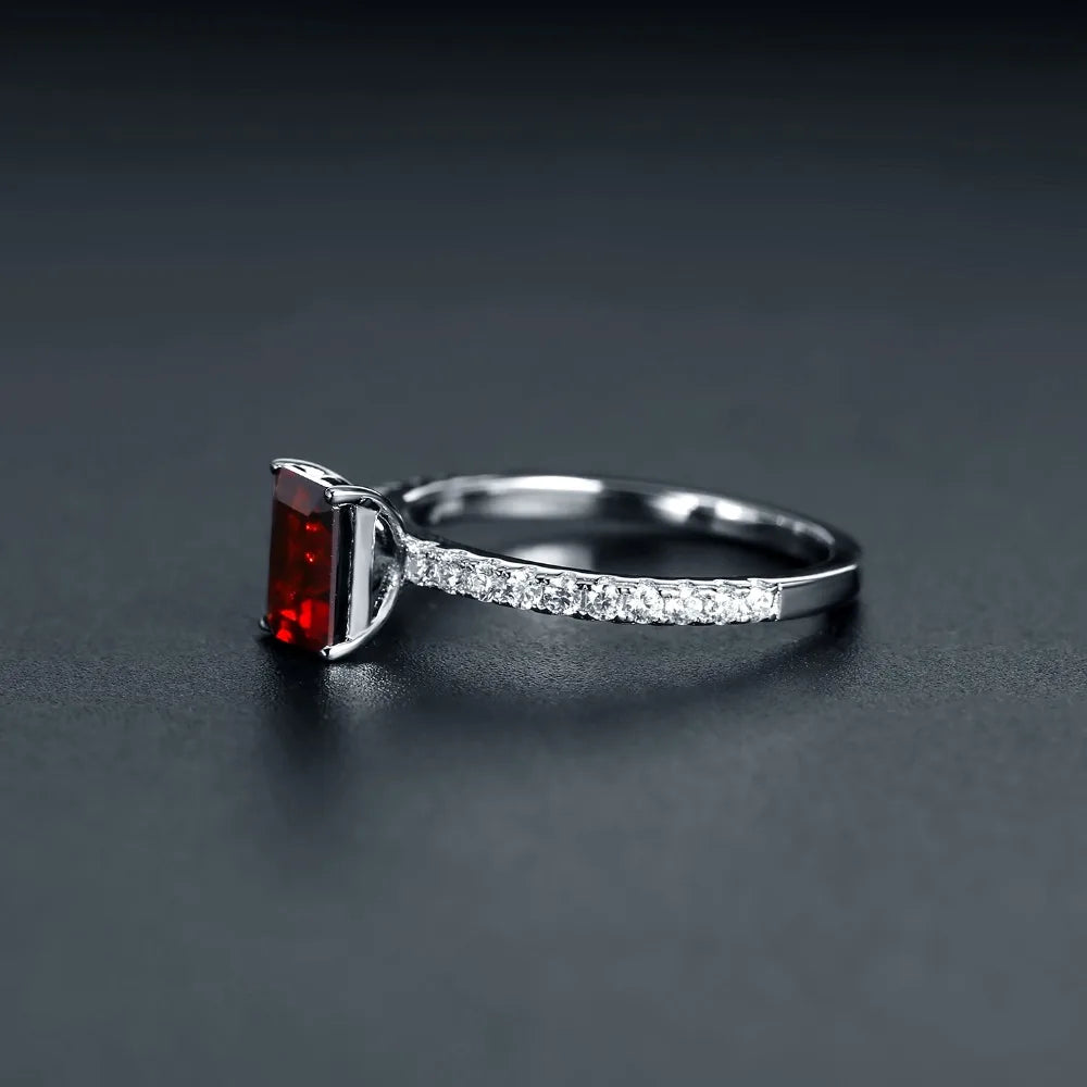 Choosen Jewelry: 1.31Ct Emerald Cut Red Garnet Ring in 925 Sterling Silver