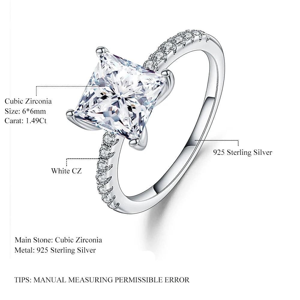 Choosen Jewelry: 1.49Ct CZ Engagement Ring - 925 Sterling Silver, Square Cut, Trendy Women's Wedding Band