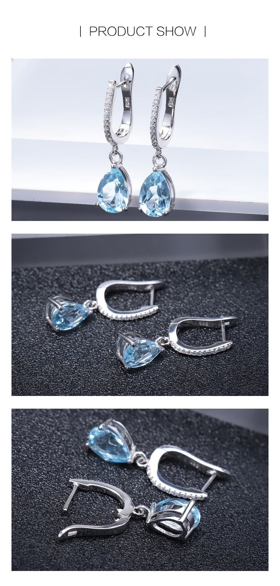 These long earrings for women feature sky blue topaz stones set in a dangling design.