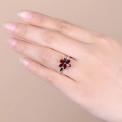 14K White Gold Plated Garnet Flower Ring - Choosen Jewelry Romantic Engagement Ring