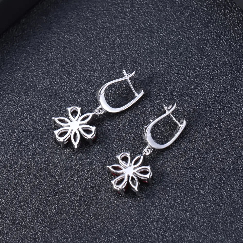 Choosen Jewelry: 925 Sterling Silver Garnet Flower Drop Earrings for Women - Fine Jewelry