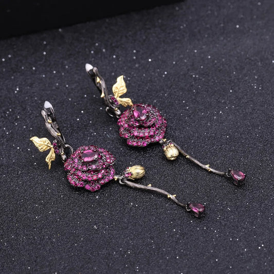 Handmade 1.76Ct Rhodolite Garnet Flower Drop Earrings | Choosen Jewelry Sterling Silver