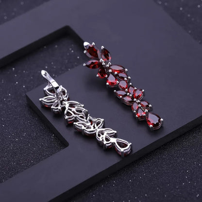 Elegant Red Garnet Leaf Drop Earrings | 925 Sterling Silver | Choosen Jewelry