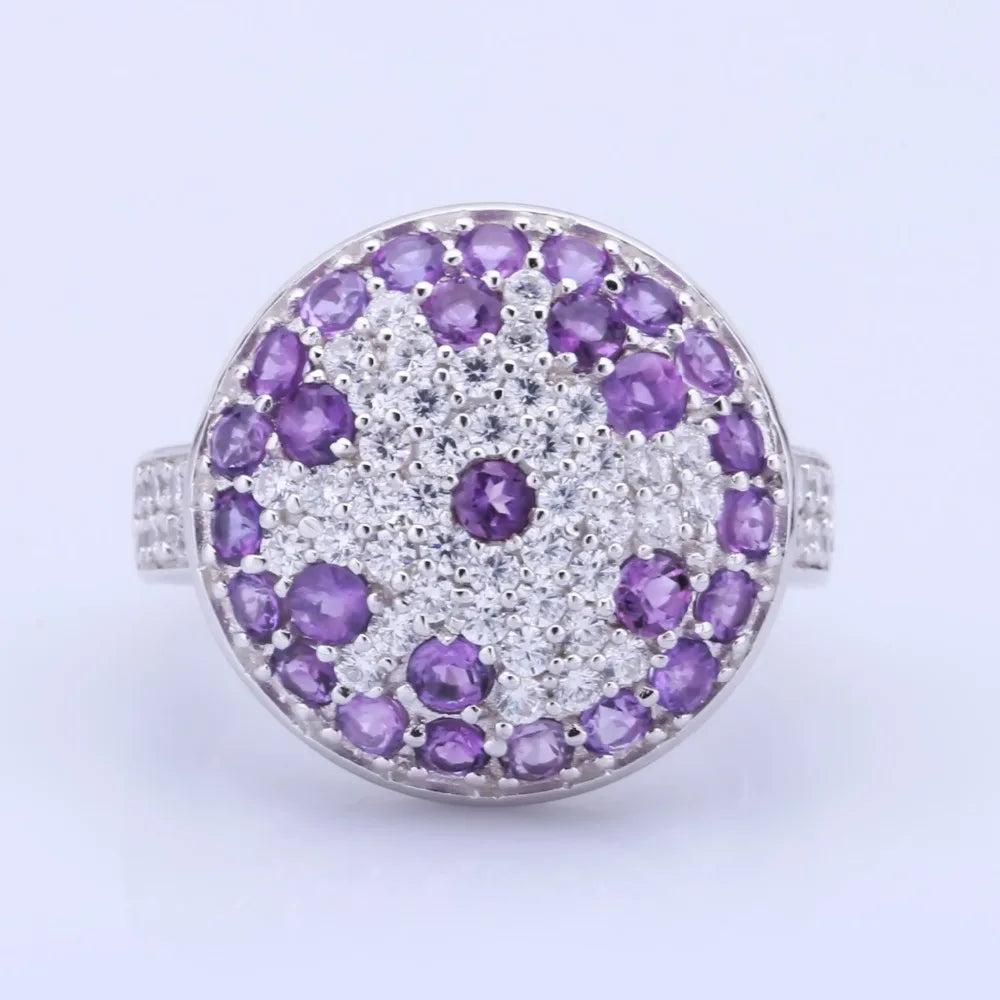 Choosen Jewelry 925 Sterling Silver Natural Amethyst Halo Cocktail Ring for Women