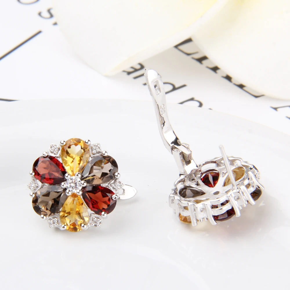 Vintage Floral Garnet, Smoky Quartz, and Citrine Jewelry Set - Choosen Jewelry 925 Sterling Silver