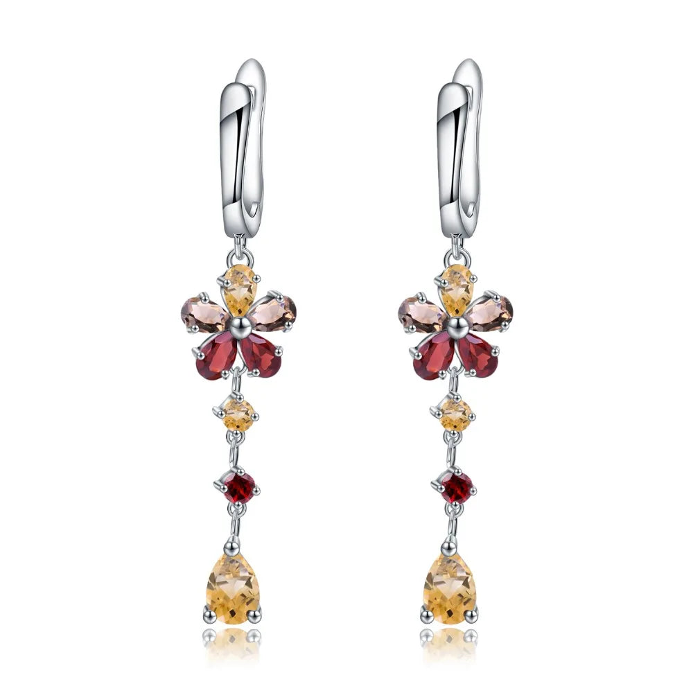 Sterling Silver Flower Drop Earrings with Garnet & Citrine - Choosen Jewelry