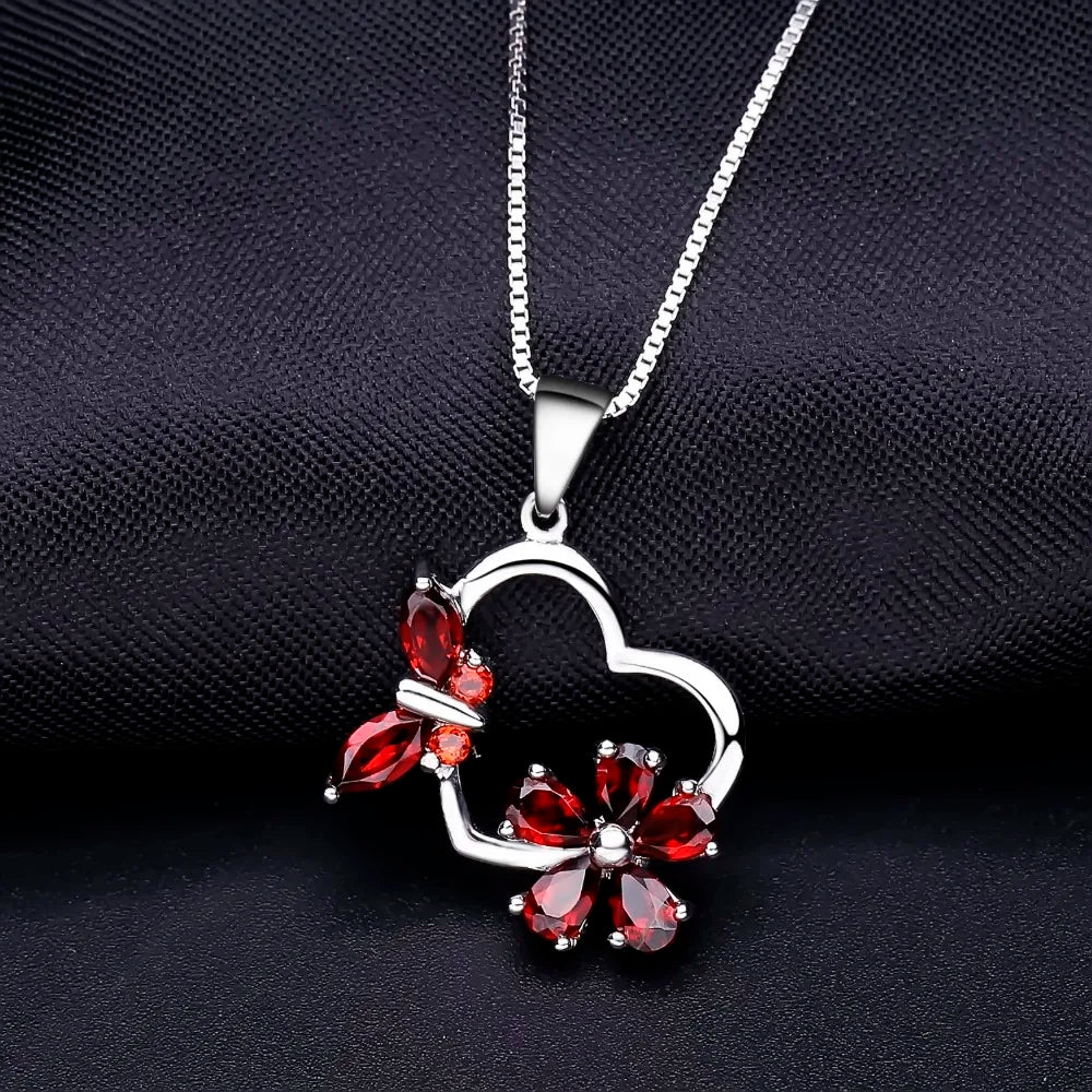 925 Sterling Silver Butterfly Flower Pendant Necklace with Natural Garnet - Choosen Jewelry