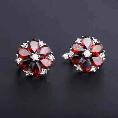 Vintage Red Garnet Flower Stud Earrings in 925 Sterling Silver - Choosen Jewelry