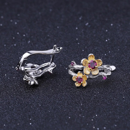 925 Sterling Silver Rhodolite Garnet Flower Stud Earrings by Choosen Jewelry