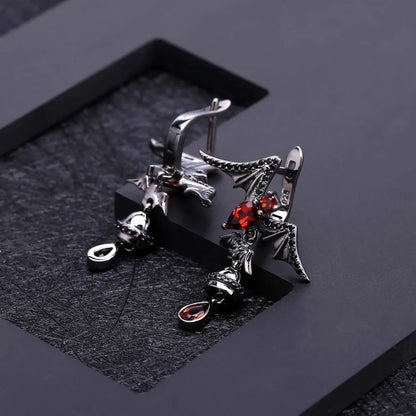 Choosen Jewelry: Gothic Garnet Bat Drop Earrings - 925 Sterling Silver, Vintage Punk Style