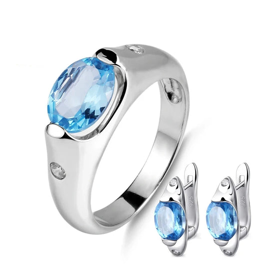 Elegant Blue Topaz Wedding Jewelry Set - 925 Sterling Silver Earrings & Ring by Choosen Jewelry