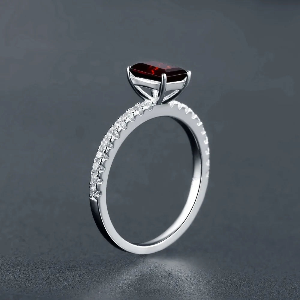 Choosen Jewelry: 1.31Ct Emerald Cut Red Garnet Ring in 925 Sterling Silver