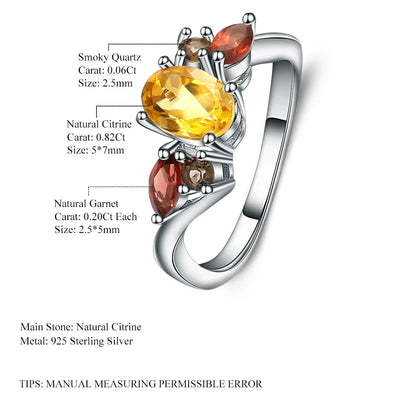 Choosen Jewelry: Natural Citrine, Garnet & Smoky Quartz 925 Sterling Silver Ring for Women