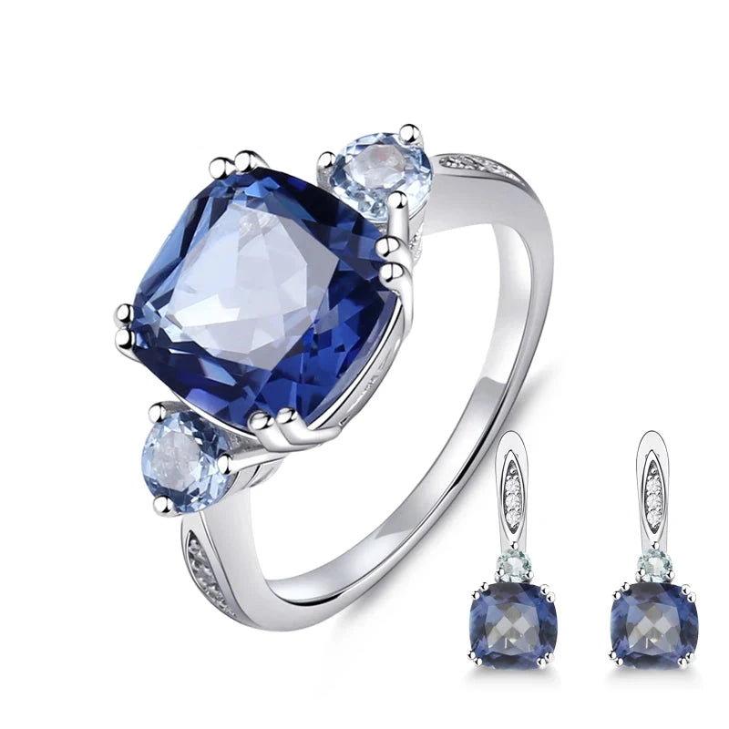 Square Natural Iolite Blue Mystic Quartz Jewelry Set - Choosen Jewelry 925 Sterling Silver Earrings and Ring