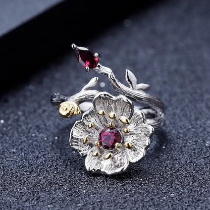 Handcrafted Rhodolite Garnet Poppy Ring in 925 Sterling Silver | Choosen Jewelry