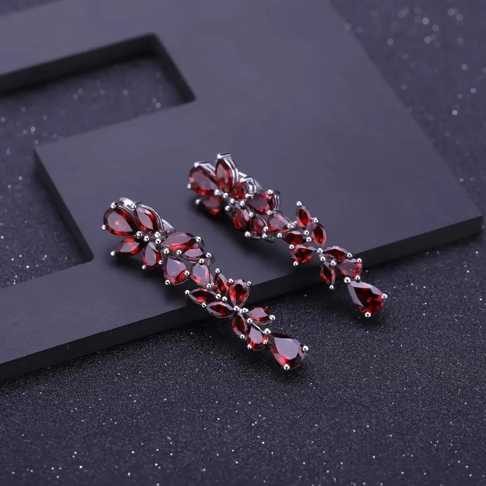 Elegant Red Garnet Leaf Drop Earrings | 925 Sterling Silver | Choosen Jewelry