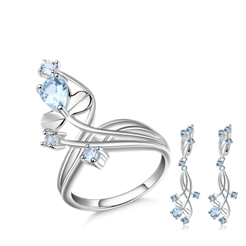 Sky Blue Topaz Flower Jewelry Set: Sterling Silver Ring & Earrings by Choosen Jewelry