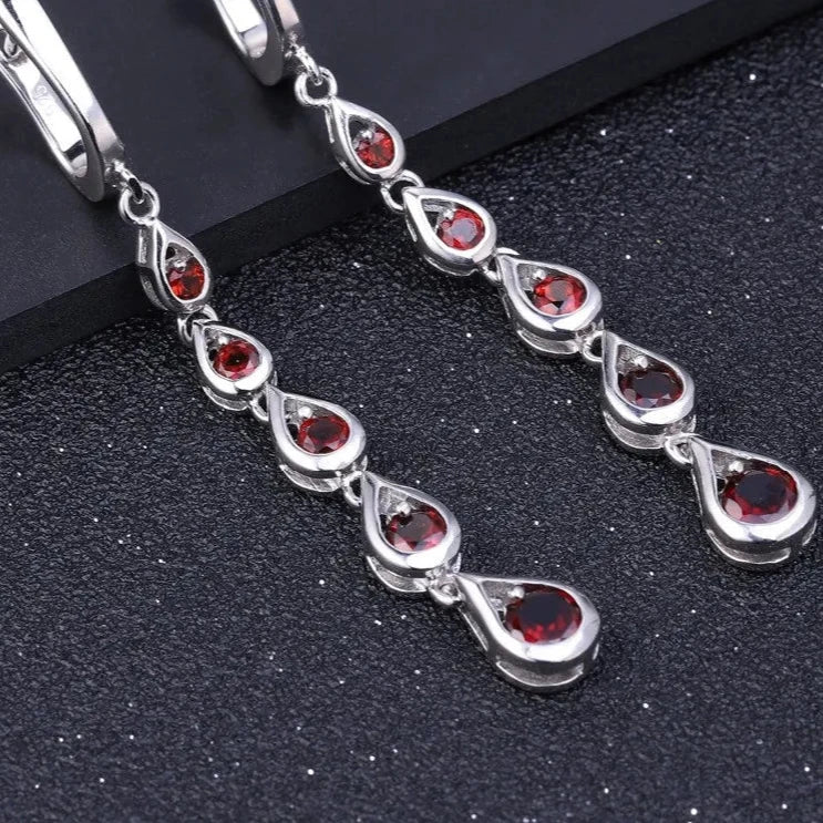 Choosen Jewelry: 3.07Ct Natural Red Garnet Sterling Silver Drop Earrings for Women