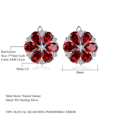 Vintage Red Garnet Flower Stud Earrings in 925 Sterling Silver - Choosen Jewelry