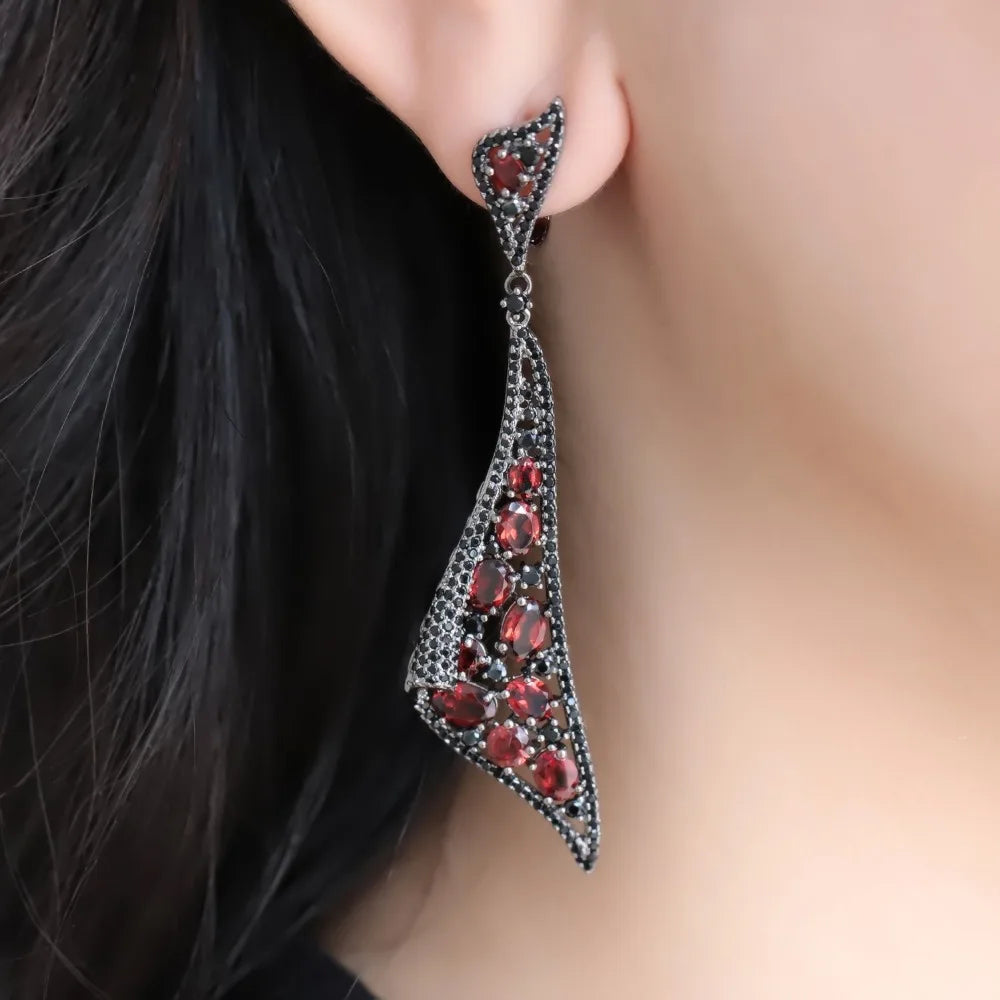 Natural Red Garnet Drop Earrings - 925 Sterling Silver Gothic Punk Jewelry for Women by Choosen Jewelry