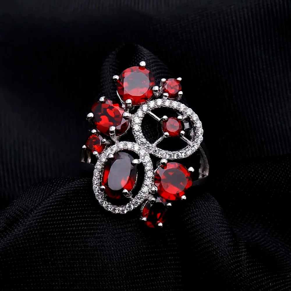 5.08Ct Natural Red Garnet Flower Ring - Sterling Silver Wedding Jewelry by Choosen Jewelry