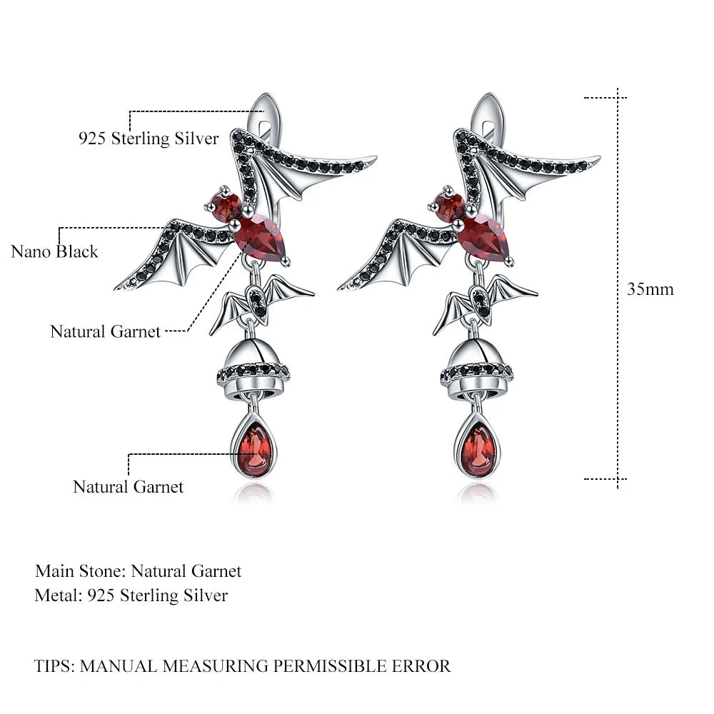 Choosen Jewelry: Gothic Garnet Bat Drop Earrings - 925 Sterling Silver, Vintage Punk Style