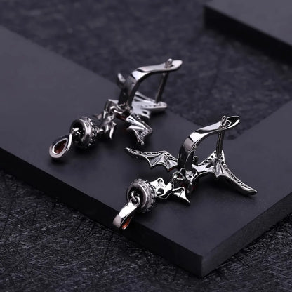 Choosen Jewelry: Gothic Garnet Bat Drop Earrings - 925 Sterling Silver, Vintage Punk Style