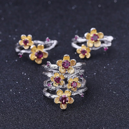 925 Sterling Silver Rhodolite Garnet Flower Stud Earrings by Choosen Jewelry