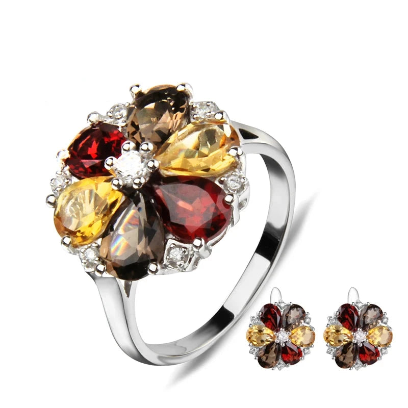 Vintage Floral Garnet, Smoky Quartz, and Citrine Jewelry Set - Choosen Jewelry 925 Sterling Silver