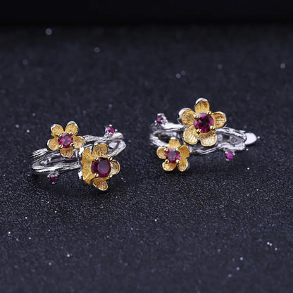 925 Sterling Silver Rhodolite Garnet Flower Stud Earrings by Choosen Jewelry