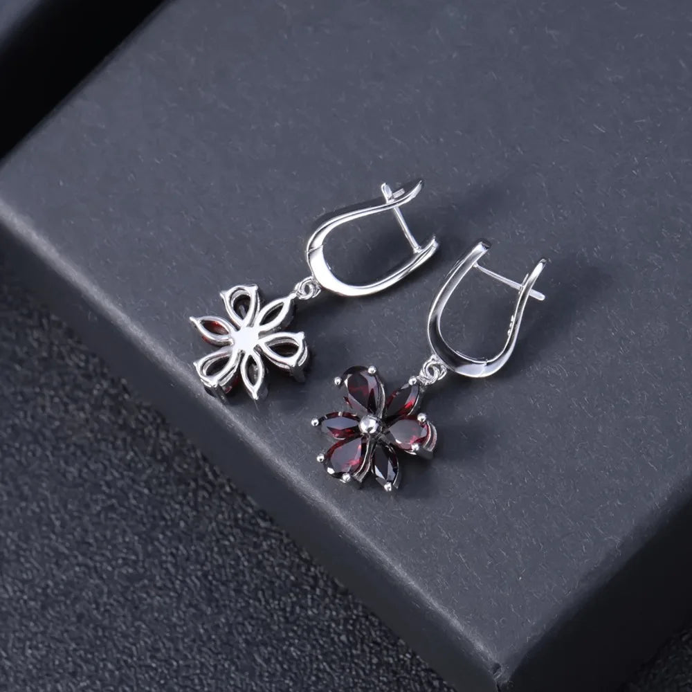 Choosen Jewelry: 925 Sterling Silver Garnet Flower Drop Earrings for Women - Fine Jewelry