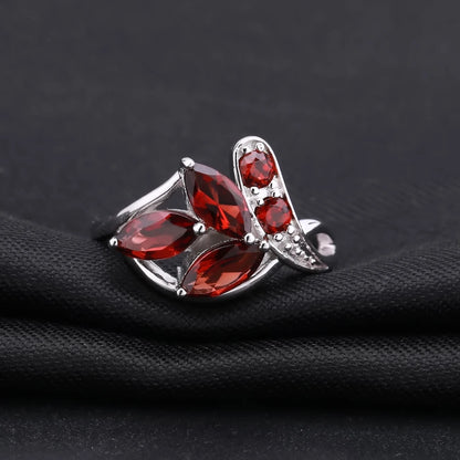 Natural Red Garnet Leaf Ring - 2.38Ct Sterling Silver Wedding Band by Choosen Jewelry