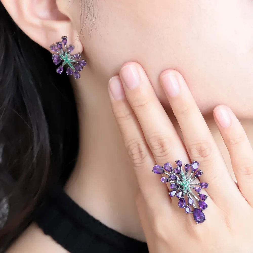 Choosen Jewelry: 925 Sterling Silver Amethyst Earrings & Ring Set - Vintage Gothic Punk Style