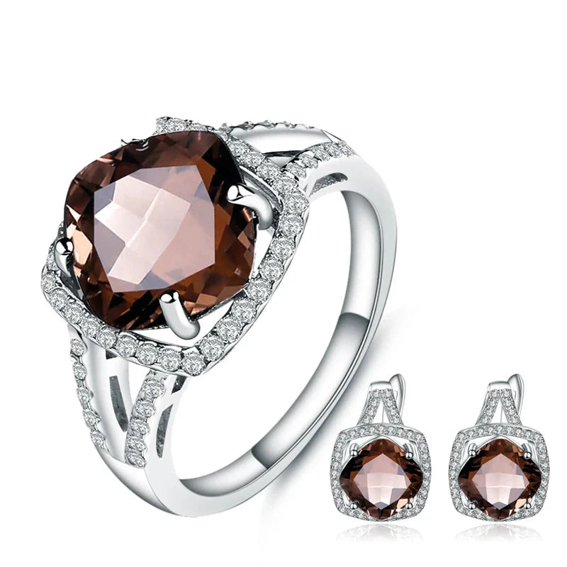 Choosen Jewelry 925 Sterling Silver Smoky Quartz Geometric Set: Ring and Earrings