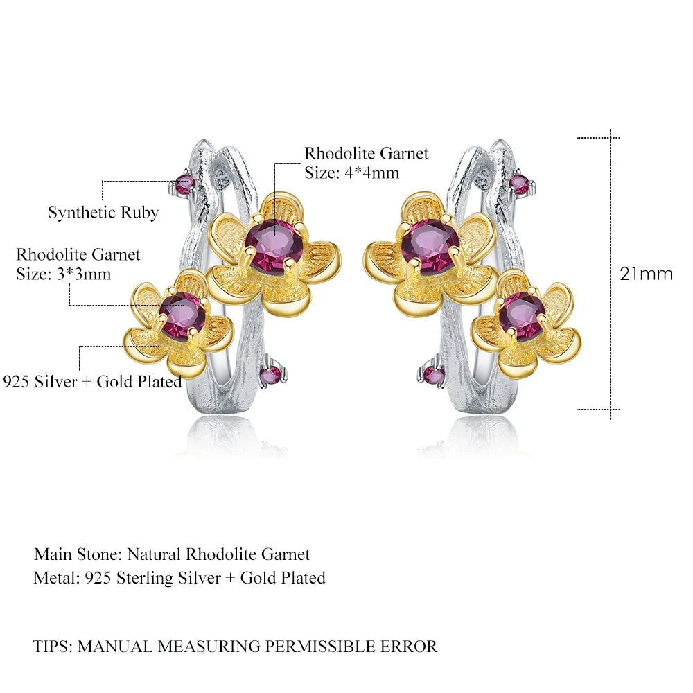 925 Sterling Silver Rhodolite Garnet Flower Stud Earrings by Choosen Jewelry