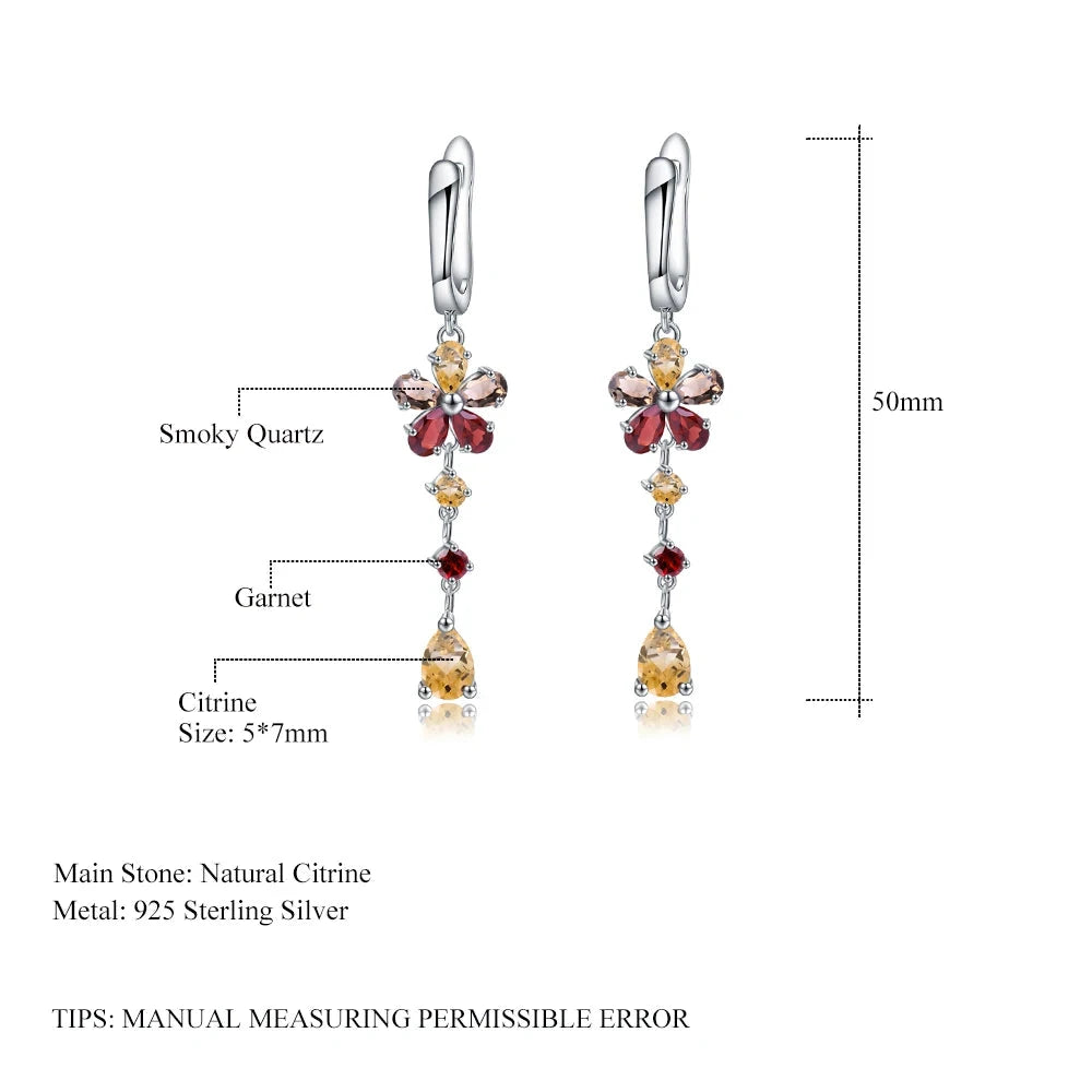 Sterling Silver Flower Drop Earrings with Garnet & Citrine - Choosen Jewelry