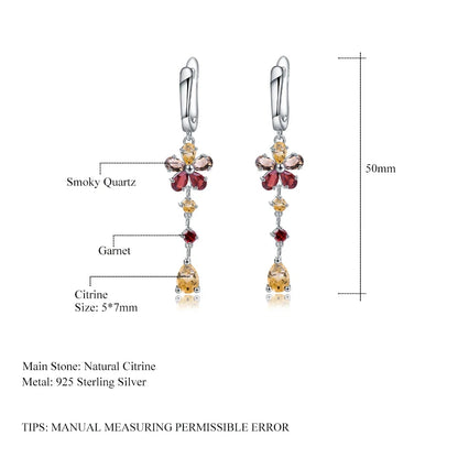 Sterling Silver Flower Drop Earrings with Garnet & Citrine - Choosen Jewelry