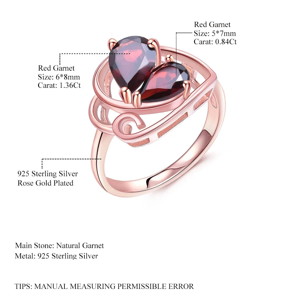 Choosen Jewelry: 925 Sterling Silver Rose Gold Plated Butterfly Ring with Natural Red Garnet