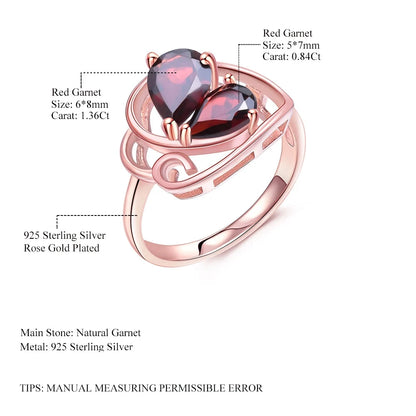 Choosen Jewelry: 925 Sterling Silver Rose Gold Plated Butterfly Ring with Natural Red Garnet