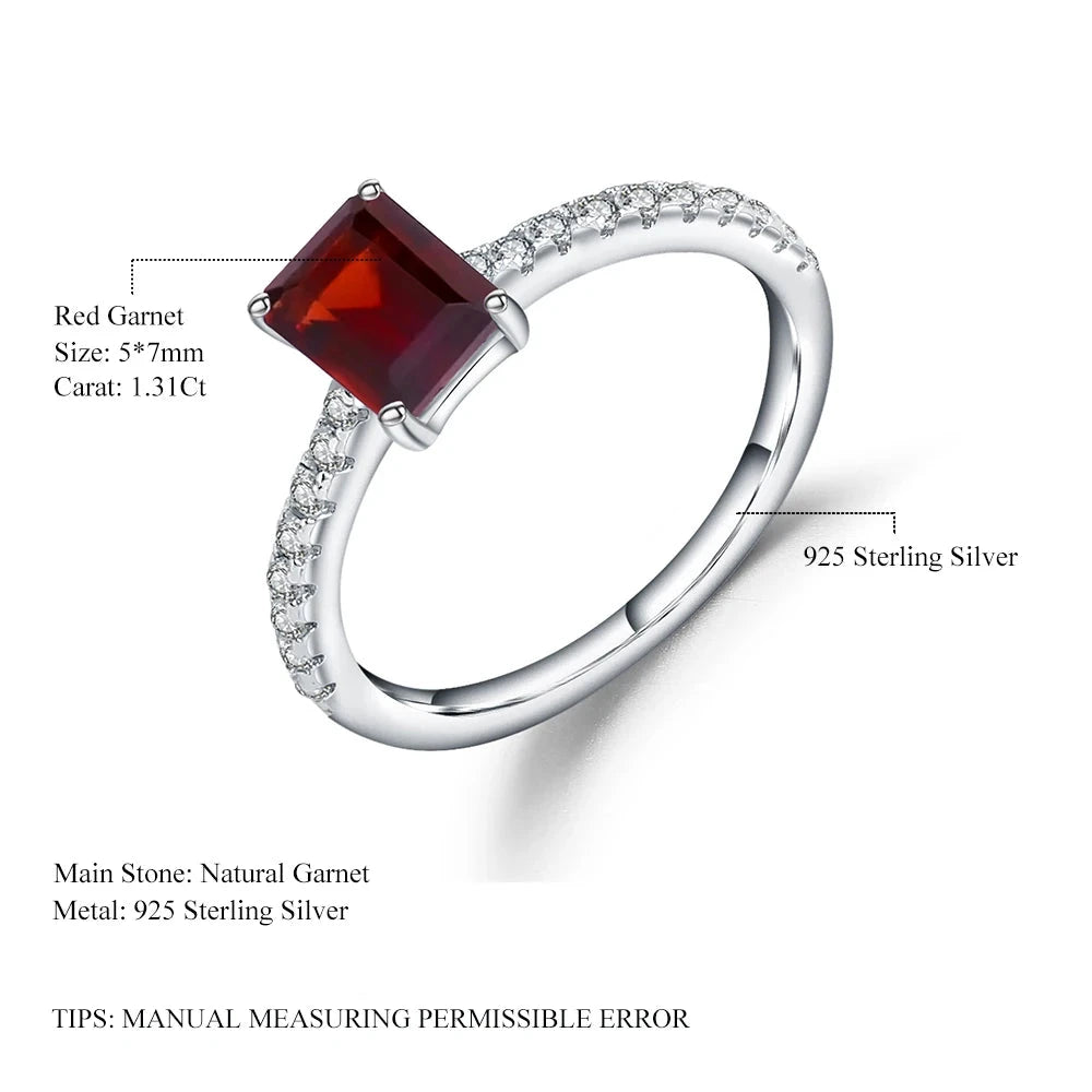 Choosen Jewelry: 1.31Ct Emerald Cut Red Garnet Ring in 925 Sterling Silver