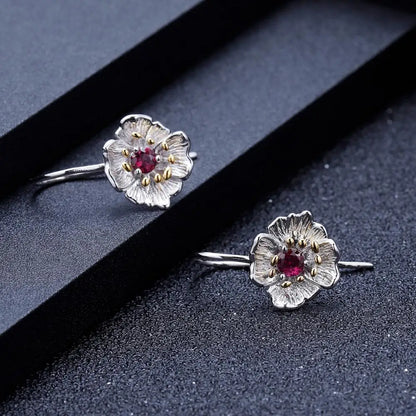 925 Sterling Silver Blooming Poppies Dangle Earrings with Natural Rhodolite Garnet by Choosen Jewelry