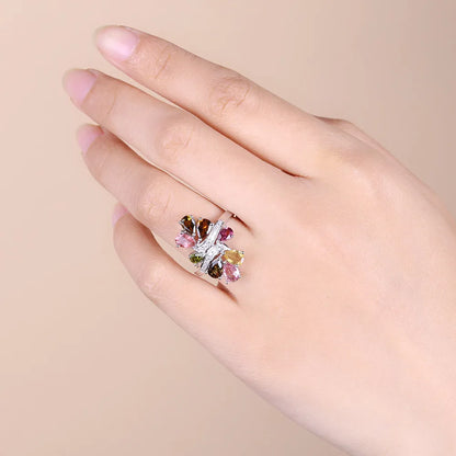 Elegant Tourmaline Flower Ring - 925 Sterling Silver Wedding Band by Choosen Jewelry