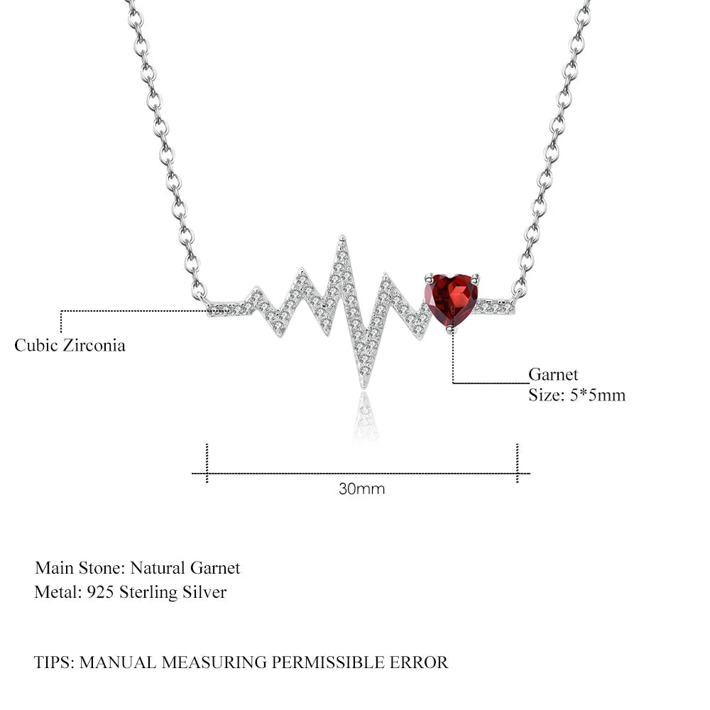 Sterling Silver Garnet Heartbeat Pendant Necklace | Choosen Jewelry