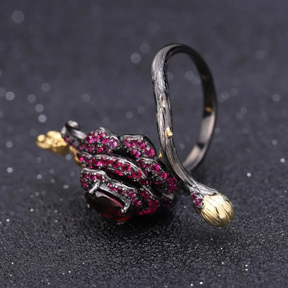 1.00Ct Rhodolite Garnet Rose Flower Ring - Handmade Sterling Silver Adjustable Ring by Choosen Jewelry