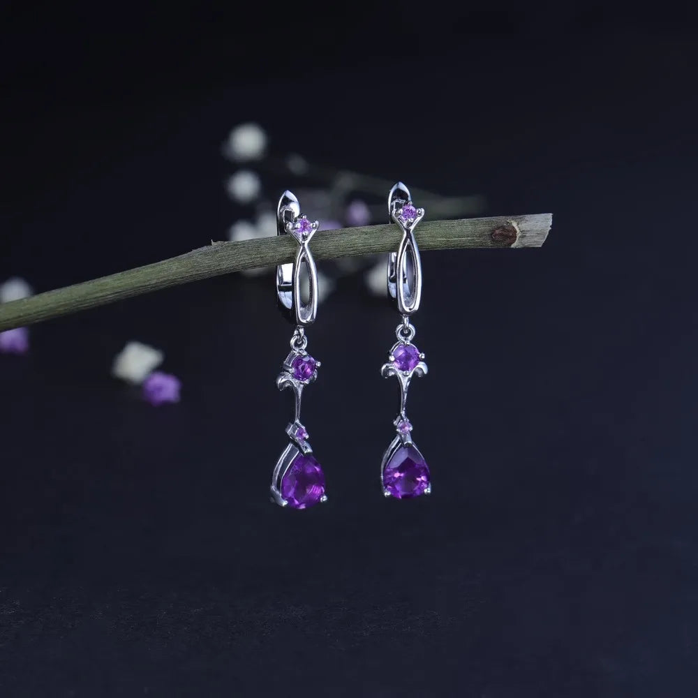 Vintage Purple Amethyst Drop Earrings - 925 Sterling Silver Flower Design by Choosen Jewelry