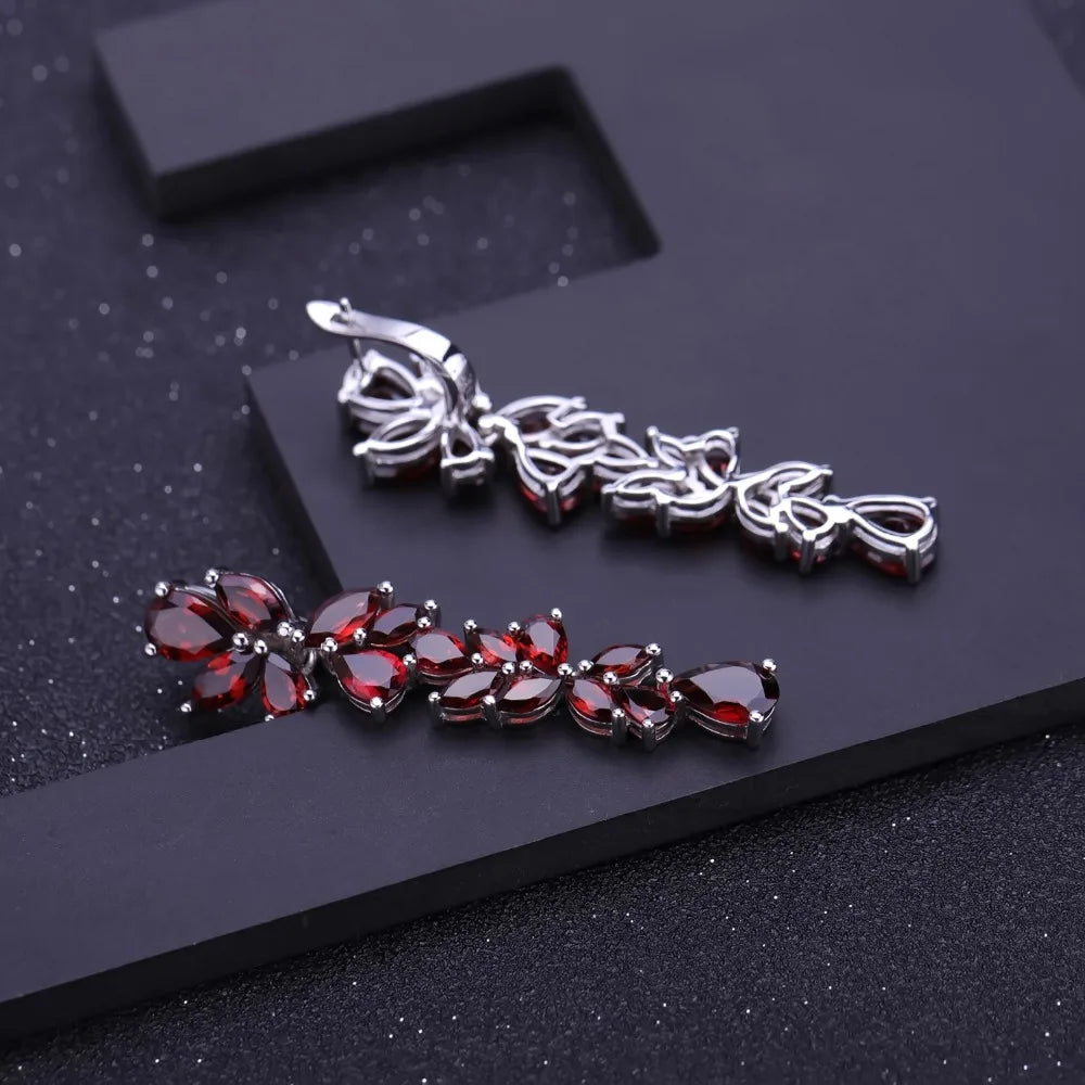 Elegant Red Garnet Leaf Drop Earrings | 925 Sterling Silver | Choosen Jewelry