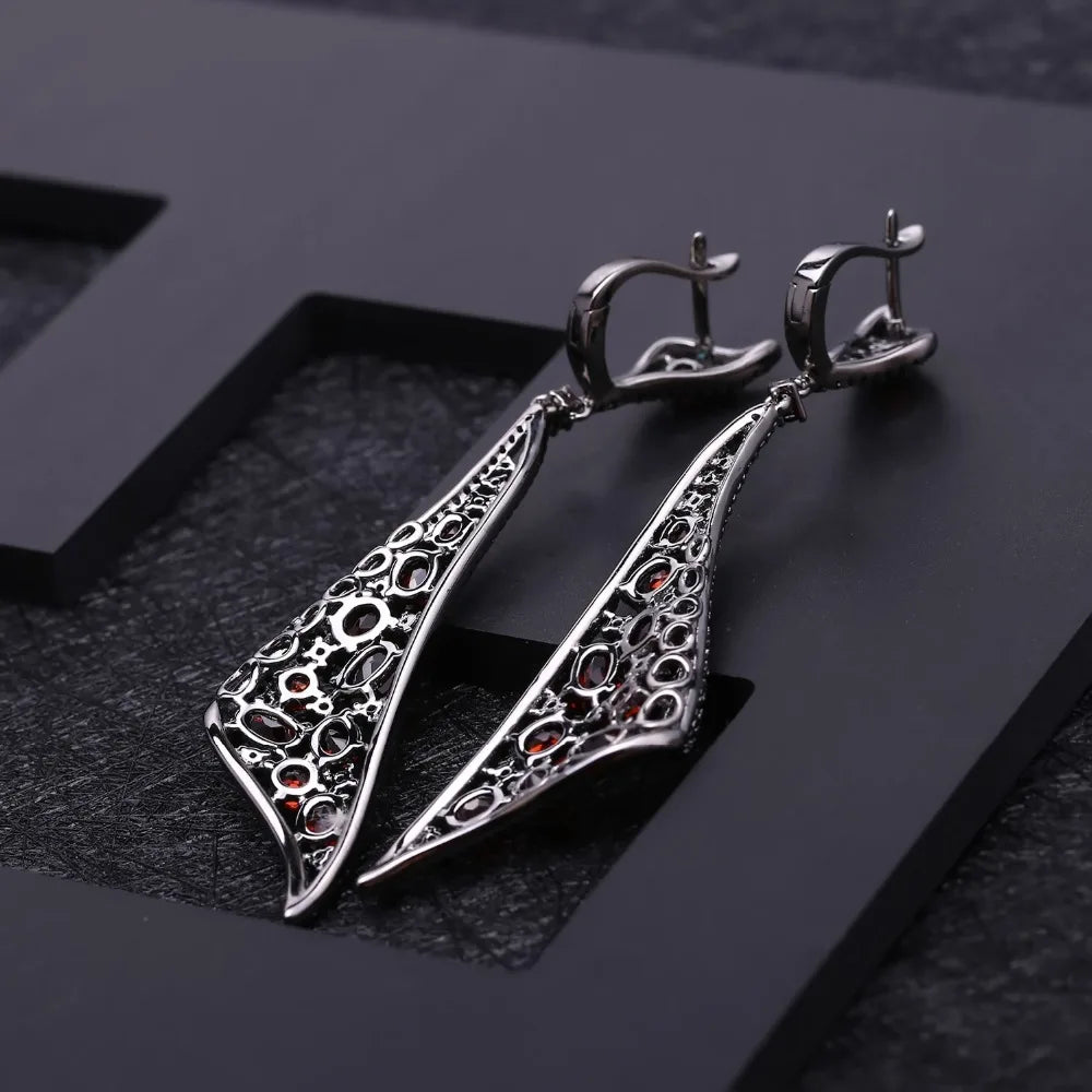 Natural Red Garnet Drop Earrings - 925 Sterling Silver Gothic Punk Jewelry for Women by Choosen Jewelry