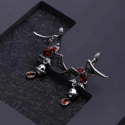 Choosen Jewelry: Gothic Garnet Bat Drop Earrings - 925 Sterling Silver, Vintage Punk Style